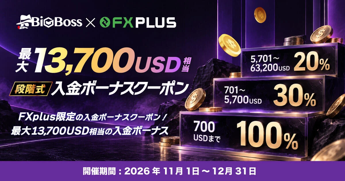 BigBoss FXplus限定 段階式入金ボーナスクーポン|最大13,700USD相当