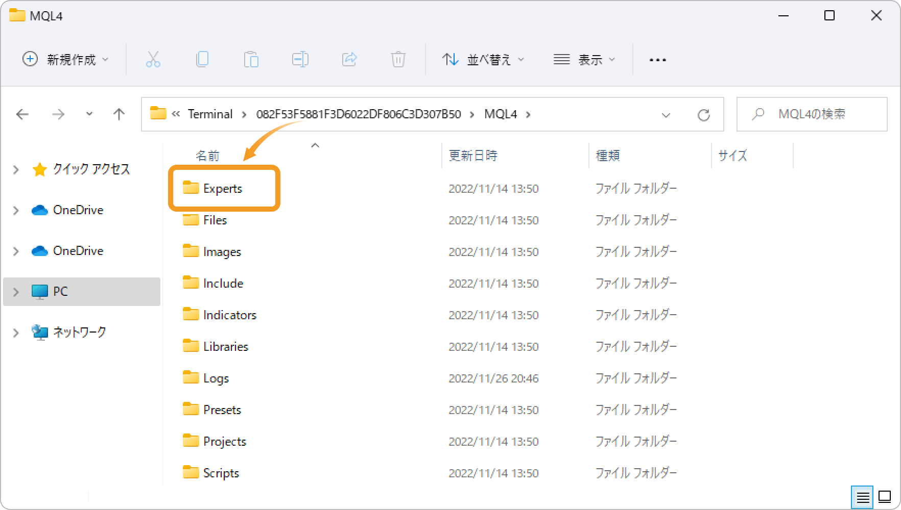 Expertsフォルダを開く