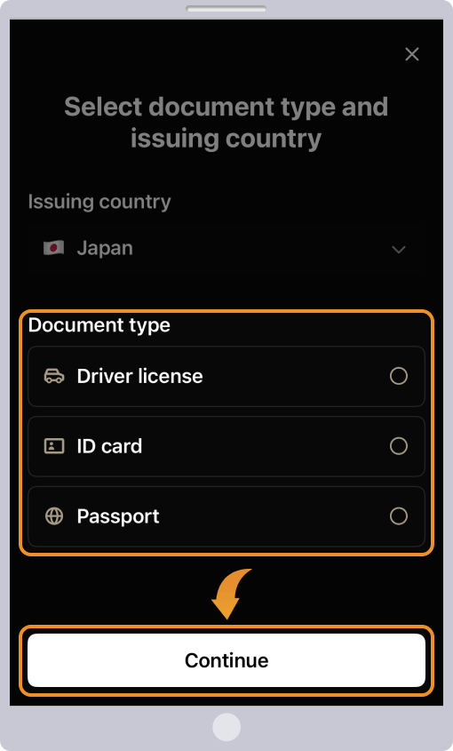 本人確認書類を選択してContinueをタップする