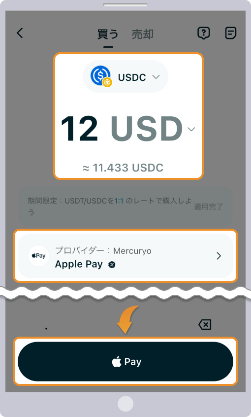 支払金額、支払い方法を入力して、支払うボタンをタップする