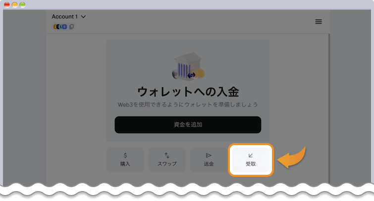 ウォレットへの入金するために、「受取」をクリック