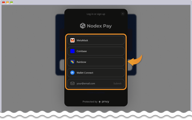 Nodex Payウォレット選択画面