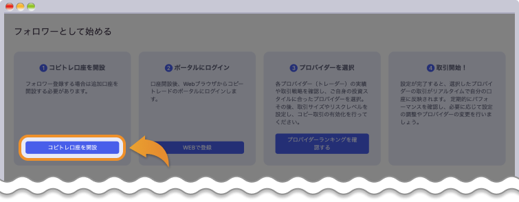 フォロワーとして始めるのメニューから、コピトレ口座を開設をクリックする