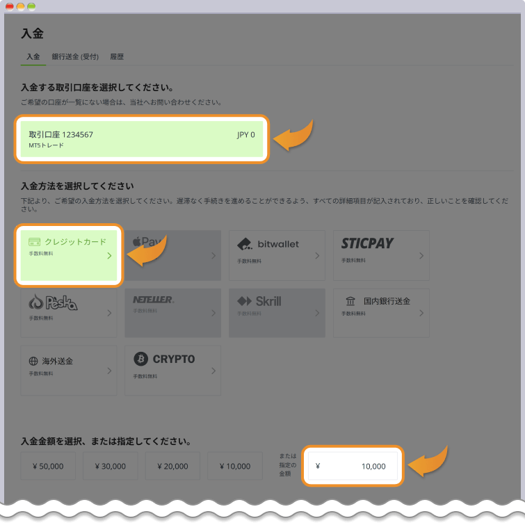 入金先口座と入金方法の選択