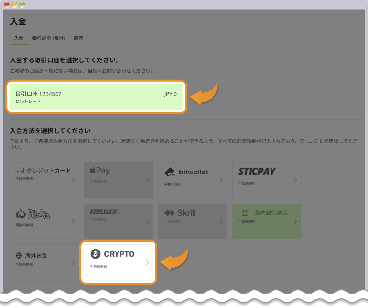 入金先口座と入金方法の選択