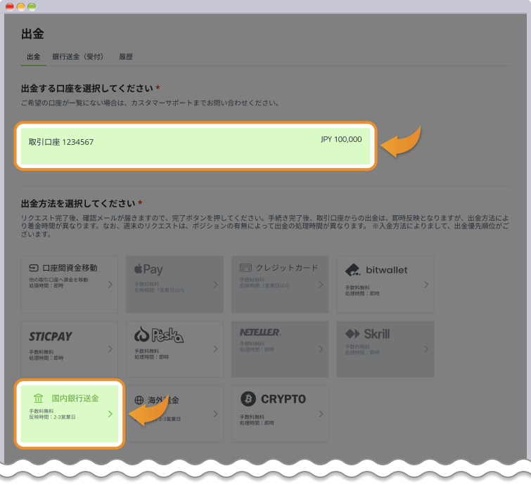 出金先口座と出金方法の選択