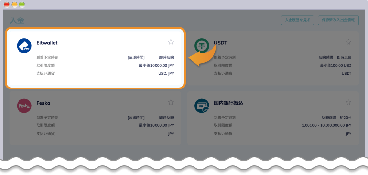 表示された入金方法一覧の中からbitwalletをクリックする