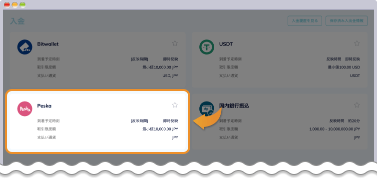 表示された入金方法一覧の中からPeskaをクリックする