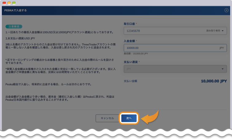 peskaで入金する内容を入力する
