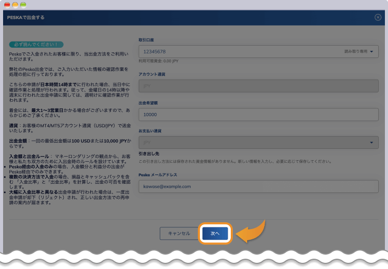 Peska出金項目入力画面