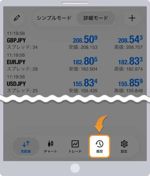 履歴ボタンをタップする