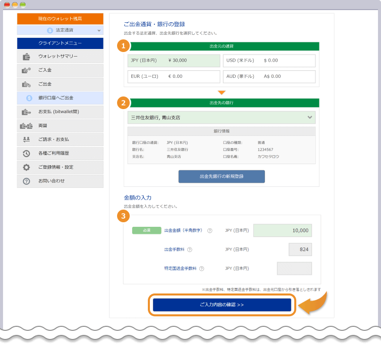 bitwallet 銀行口座へご出金ページ